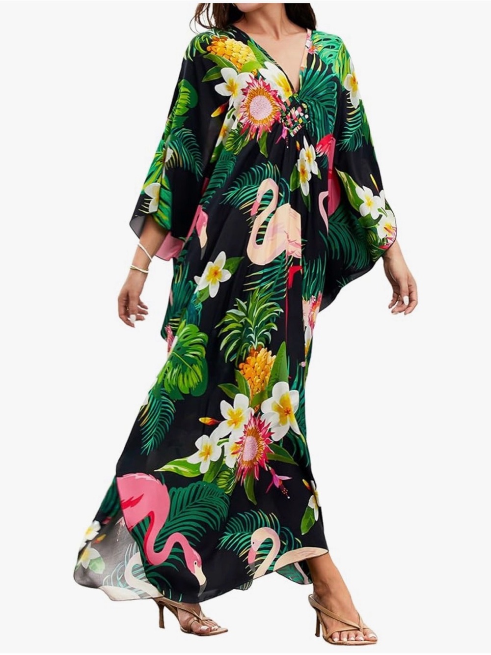 Tropical Flamingo Black Maxi Kaftan Dress